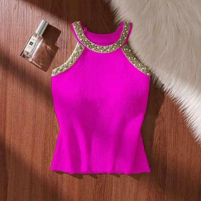 Femmes été Crochet sans manches pull gilet col rond perle or mode coréenne tricot débardeurs décontracté ample haut caraco