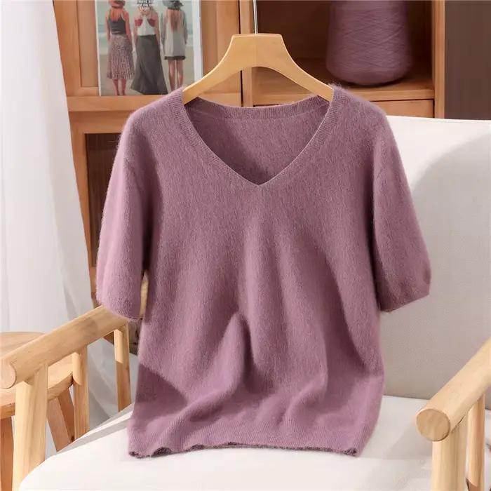 Pull à col en v en cachemire de vison pur pour femmes