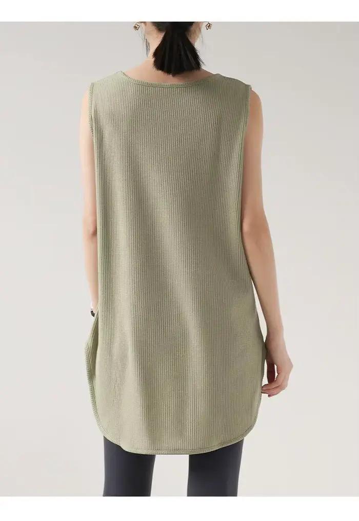 Gilet sans bretelles mi-long ample vert militaire à motif gaufré classique et polyvalent pour femme