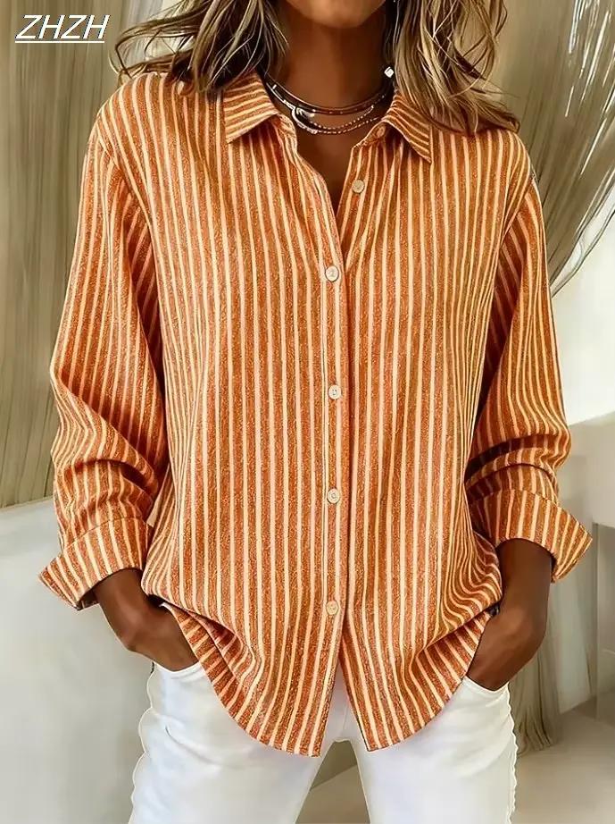 Chemise femme chemisier rayé Vintage élégant décontracté à manches longues col de chemise hauts réguliers boutons quotidiens imprimer printemps automne hiver