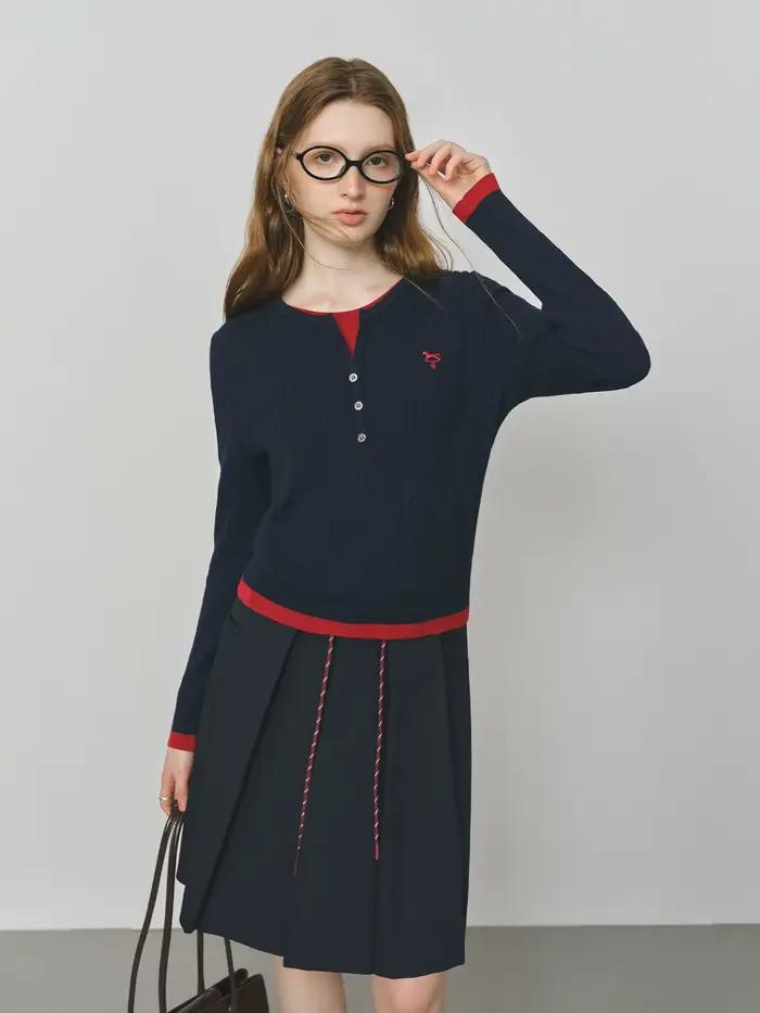 FSLE faux deux pièces Design câble tricot pull pour les femmes 2025 automne nouveau coupe ajustée brodé contraste couleur haut 25FS13297