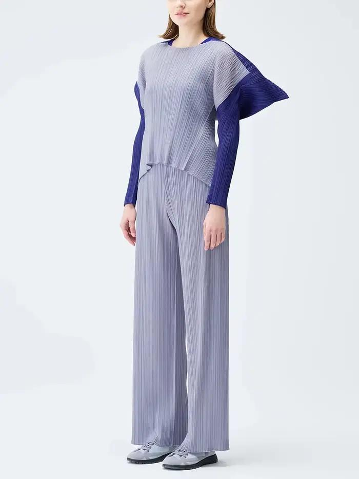 Fold Miyake plissé col rond manches longues femmes formes carrées combinaisons de couleurs haut ample