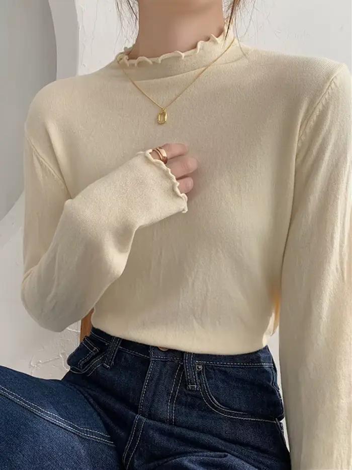 AOSSVIAO 2026 Nouveau Pull Femme Automne Hiver Manches Longues Haut Basique Mode Froncé Élastique Tricoté Uni