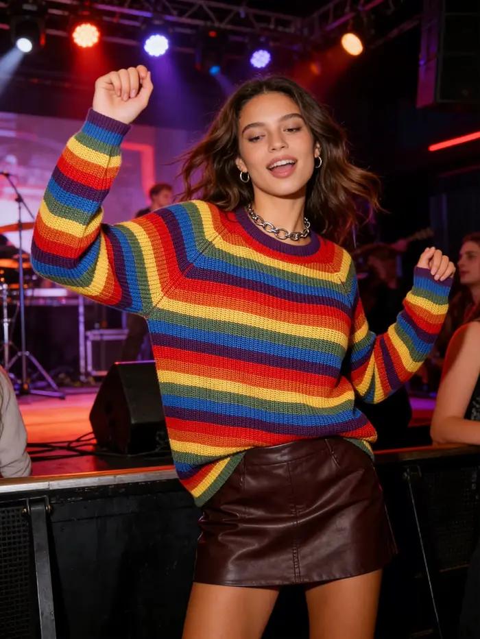 Nouveau Pull Femme 2026 Rayé Arc-en-ciel Vintage Ample Tricoté Manches Longues Décontracté