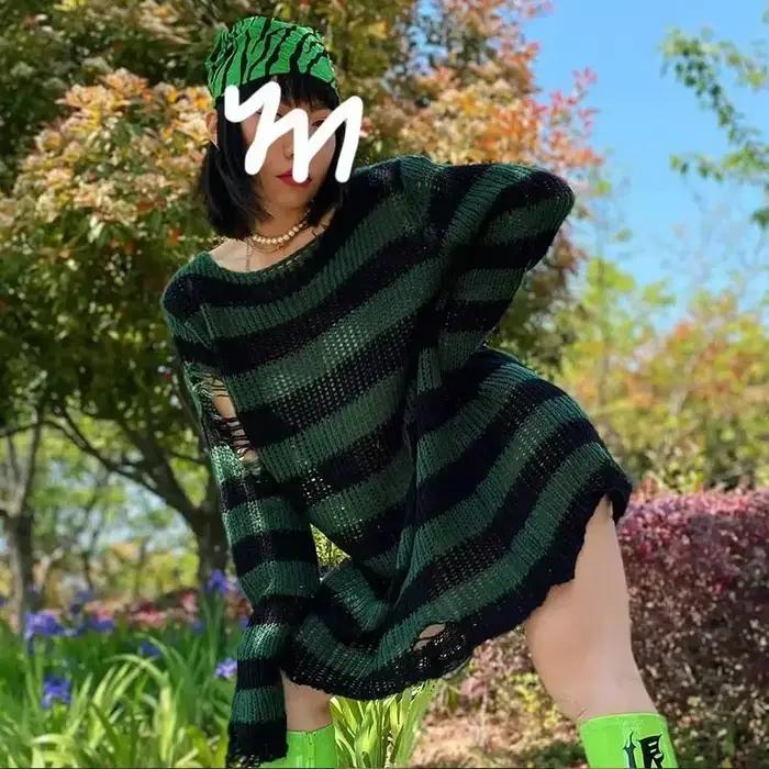 Nouveau violet rayé gothique chandails femmes déchiré trous lâche tricoté pull effiloché fée Grunge pulls Emo Streetwear Lolita
