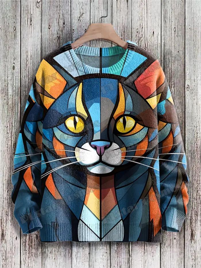 Pull en tricot multicolore pour hommes, motif de chat d'art géométrique abstrait, pull unisexe décontracté, impression 3D, hiver, ZZM101
