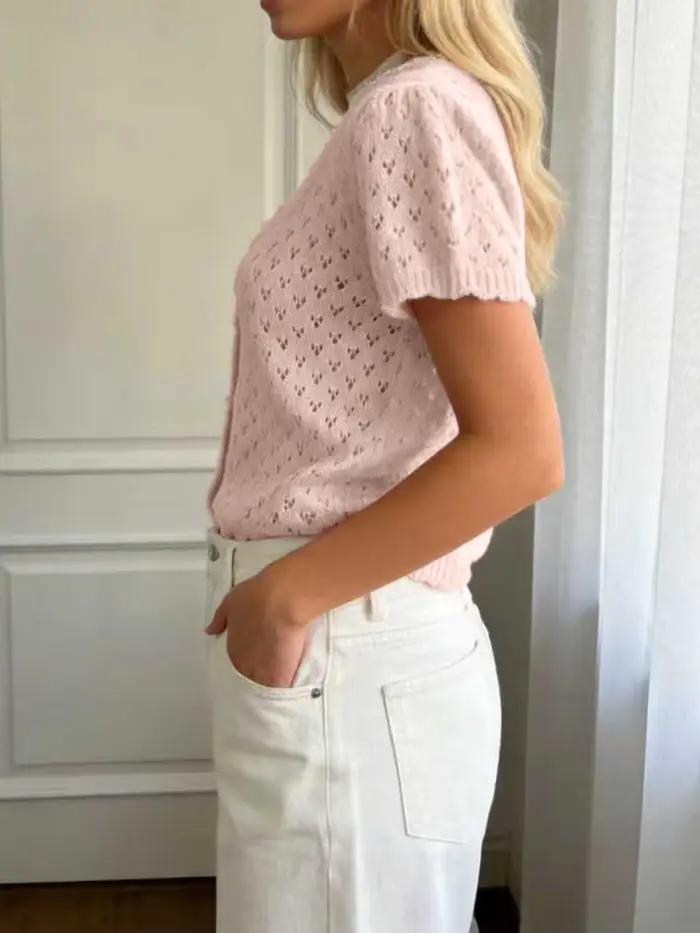 Cardigan en tricot rose élégant à manches courtes pour femme