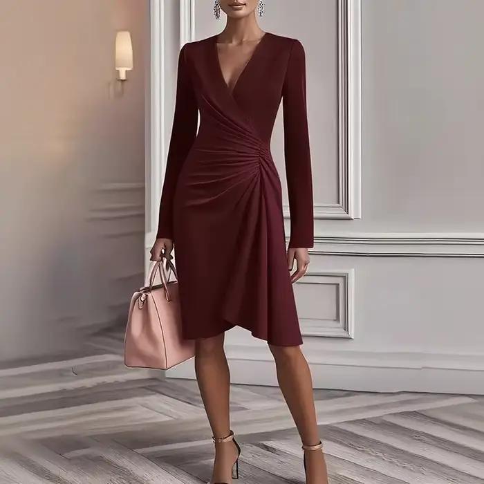 Robe mi-longue élégante à col en V pour femmes, mode, manches longues, taille haute, couleur unie, tenue de bureau, mode automne, robe de soirée