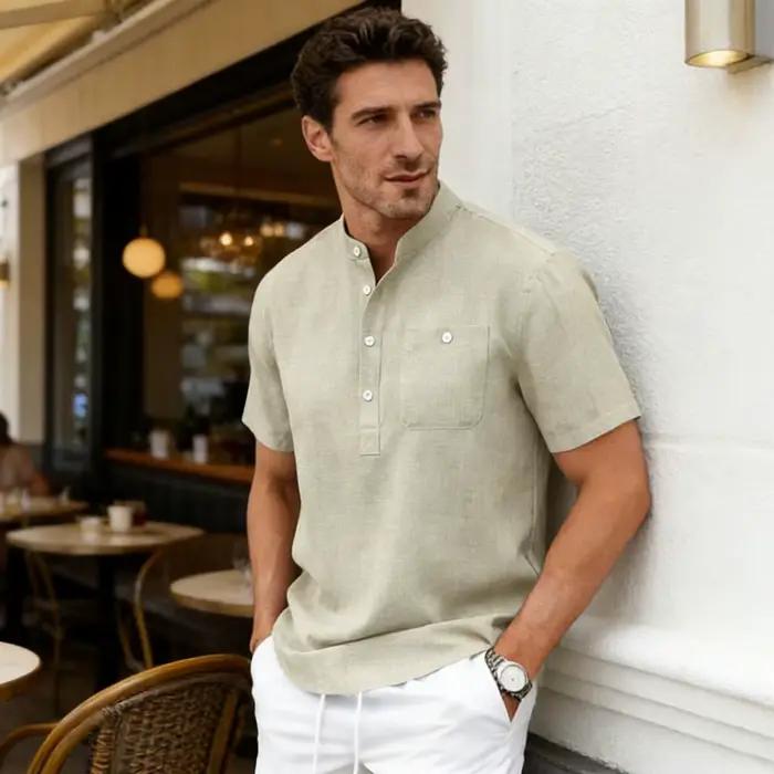 Chemise Henley à col montant pour homme, aspect lin, décontractée, manches courtes, boutonnée, légère, t-shirt d'été pour la plage