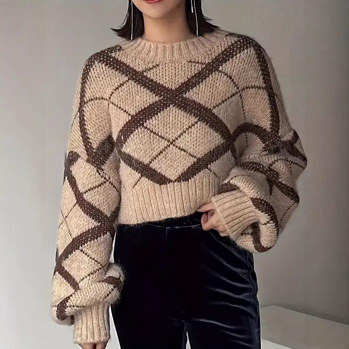 Pull tricoté au Crochet de couleur contrastée pour femme