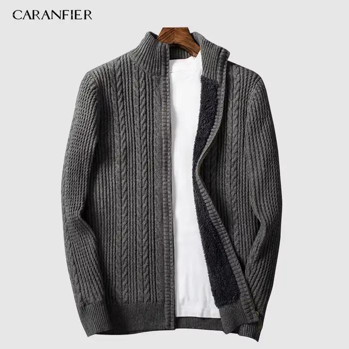 CARANFIER velours fermeture éclair marque chandails hommes tricoté Cardigan coupe ajustée vêtements solide côtelé bas pull tricots manteaux 3XL