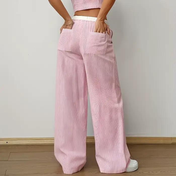 2025 nouveau élégant rayé sans manches col en v gilet taille contraste Co pantalon deux pièces ensemble été Woen ensembles mode costume haut