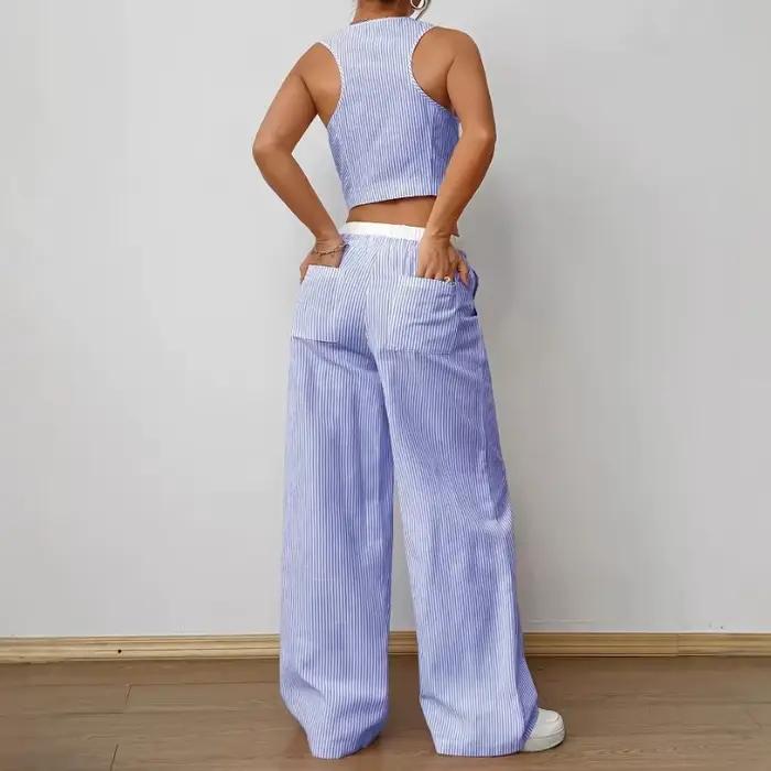 2025 nouveau élégant rayé sans manches col en v gilet taille contraste Co pantalon deux pièces ensemble été Woen ensembles mode costume haut