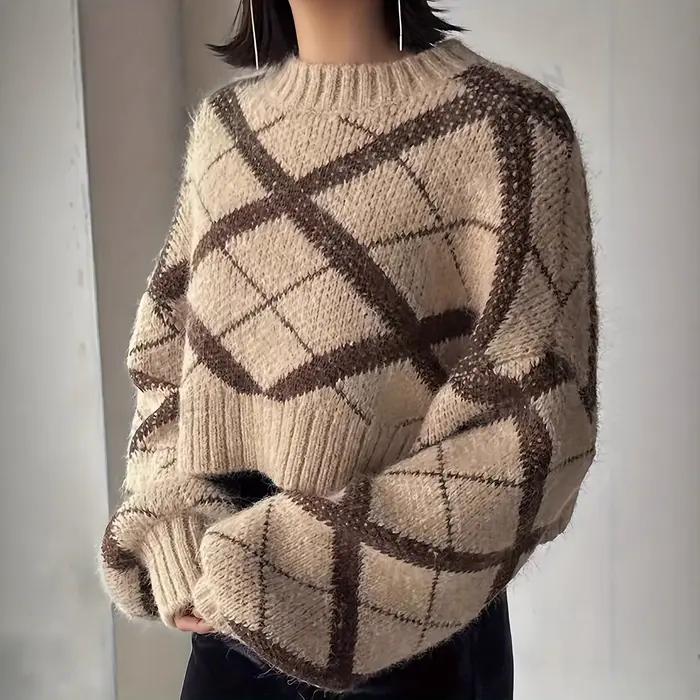 Pull tricoté au Crochet de couleur contrastée pour femme