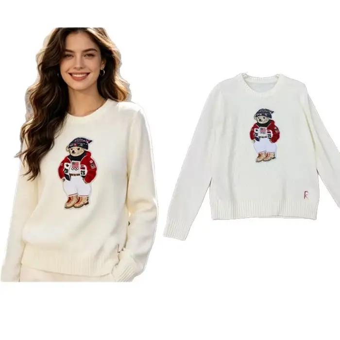 Pull en laine mélangée brodé motif ours de dessin animé de haute qualité à manches longues – Idéal pour Noël et le Nouvel An