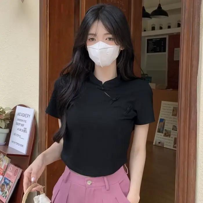 T-shirts femmes Vintage Style chinois littéraire nouvel été col Mandarin tempérament populaire gracieux décontracté mince Hotsweet hauts
