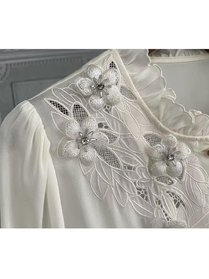 QOERLIN – chemisier de luxe en mousseline de soie pour femme, Chic, coréen, ajouré, élégant, col à volants, broderie florale