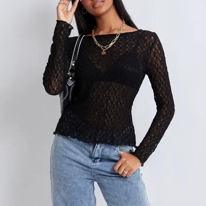 Puloru-Pull transparent en dentelle transparente pour femme