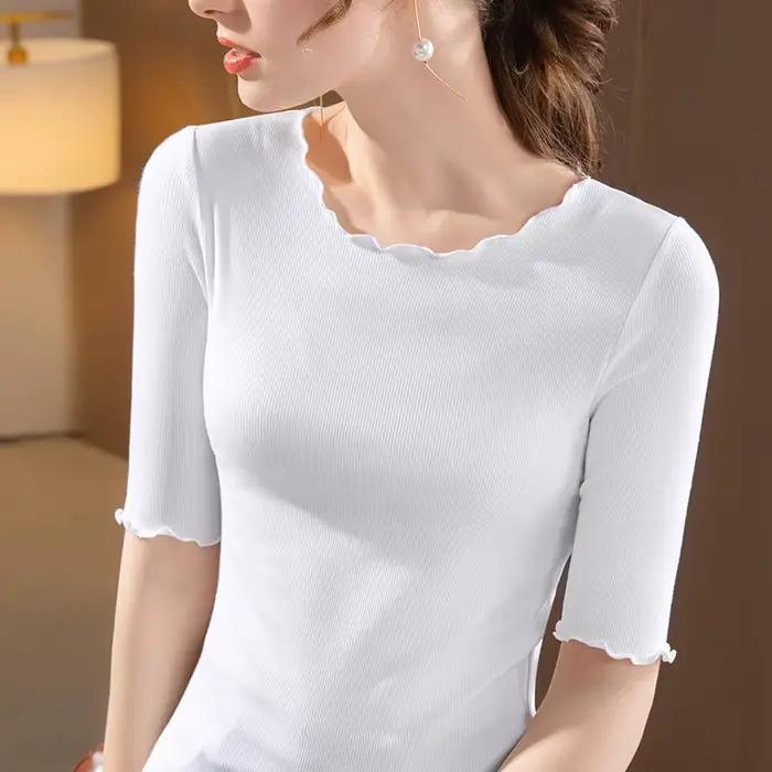 T-shirt côtelé à manches mi-longues pour femme – Haut basique ajusté