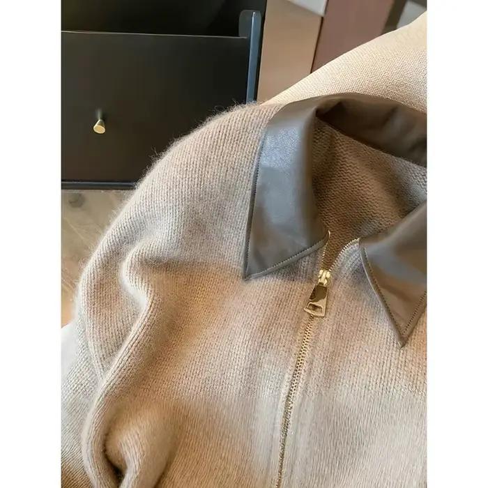 Patchwork fermeture éclair recadrée Cardigan femmes 400g épais automne tricoté pull Bomber veste Vintage 2000s court ajusté tricots manteau