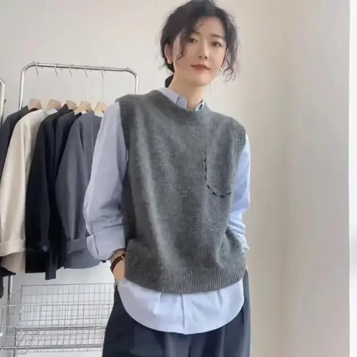 Solide col rond femmes tricoté gilet pull Style coréen vêtements tendance 2025