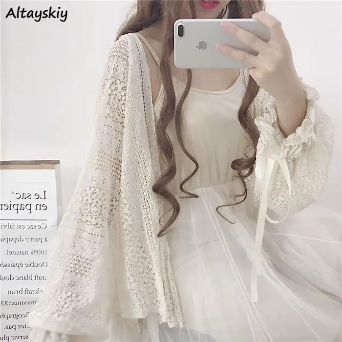 Cardigan en Dentelle Ajourée à Manches sulfLanterne pour Femme