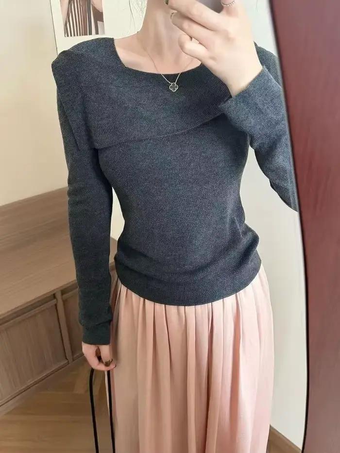 Haut en tricot à col irrégulier pour femme pour l'automne et l'hiver