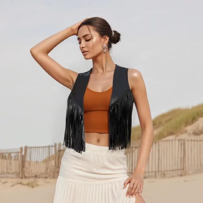 Puloru Vintage noir en cuir PU gland gilet années 70 Hippie Costume femmes sans manches recadrée Cowgirl Western vêtements d'extérieur Streetwear