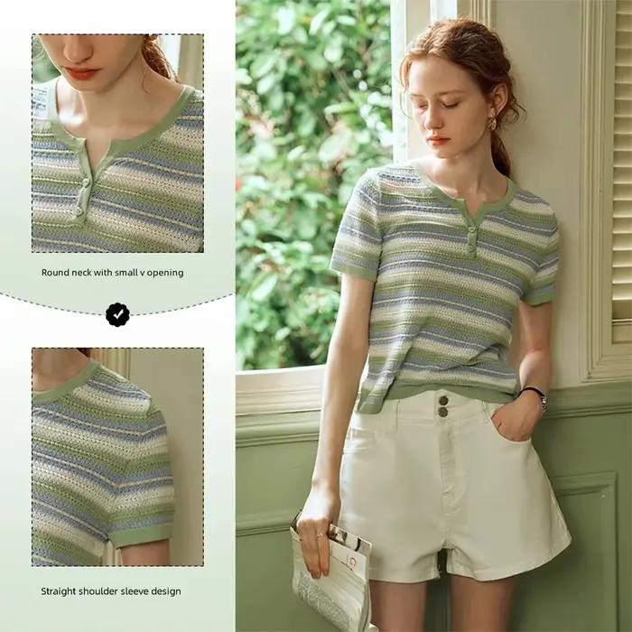 Pulls tricotés rayés à col rond et petit décolleté en V pour femme OLrain – Collection été 2026 – Tendance et confort
