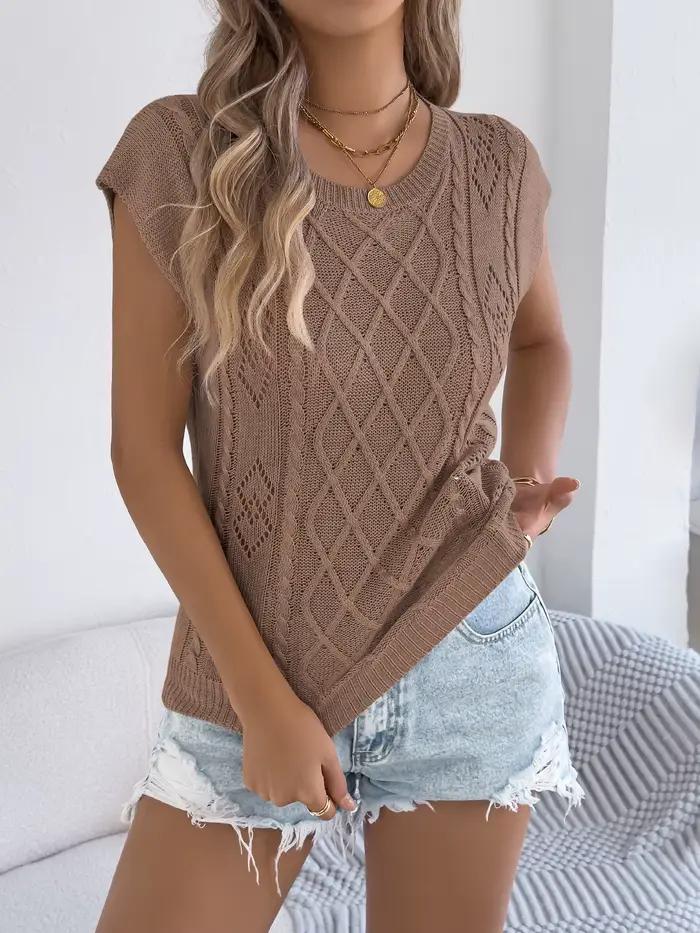 Pull décontracté à col rond et manches chauve-souris en tricot ajouré pour femme