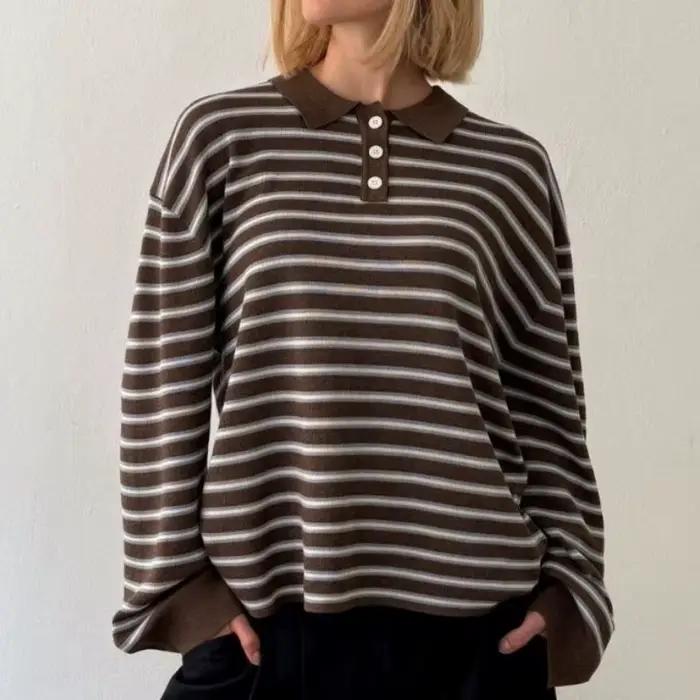Y2k Vintage côtelé tricoté rayé col pull ample à manches longues