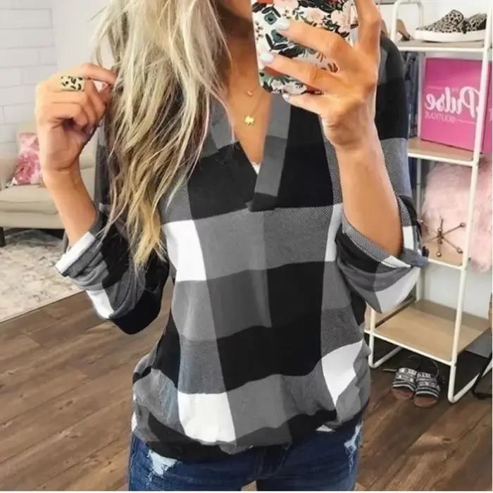 Printemps automne Vintage classique imprimé à carreaux col en v à manches longues pull décontracté chemise élégante mode chemisier ample vêtements féminins