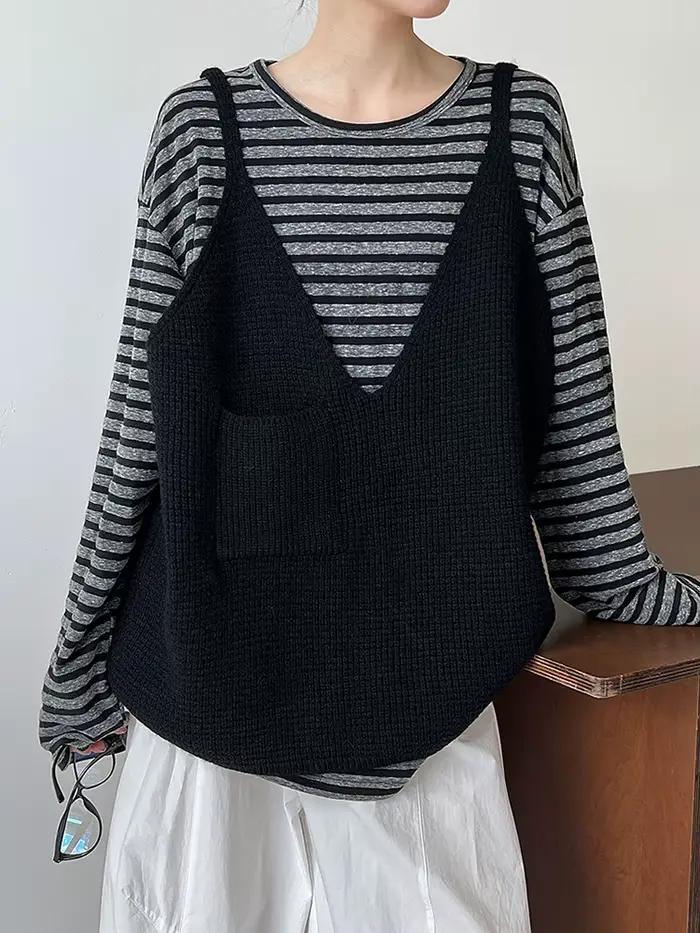EAM femmes noir gris bref grande taille décontracté tricot gilet nouveau col en V sans manches mode marée printemps automne 2026 1DJ3233