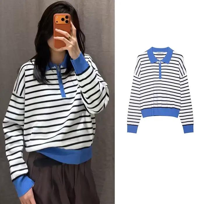 Pull tricoté rayé col polo élégant pour femme – Nouvelle collection Printemps 2026 – Chic et tendance