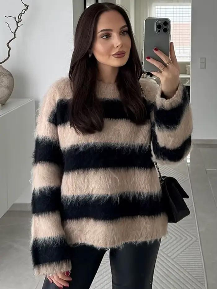 Femmes Beige noir rayé fourrure Mohair tricoté pull col rond manches longues manteau 2025 automne chaud femme