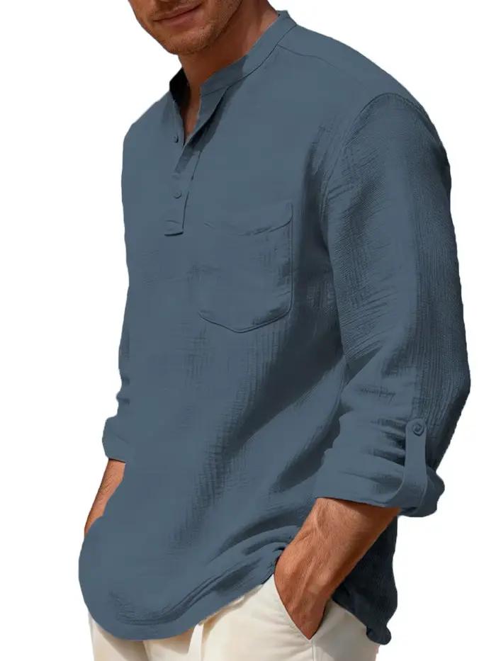 Chemise décontractée pour homme à col montant, manches longues, boutonnée