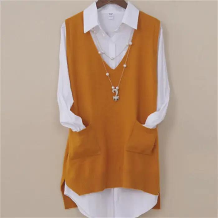 Gilet long tricoté pour femmes, col en V, poches pratiques, coupe ample, décontracté, polyester, printemps/automne, occasions spéciales