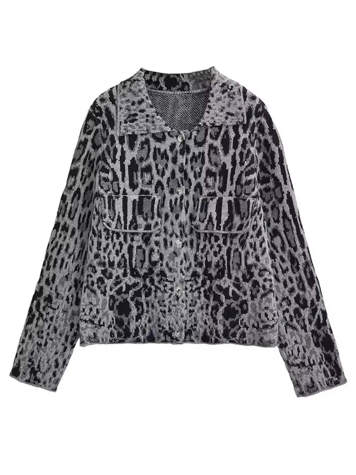 Cardigan en tricot pelucheux imprimé léopard pour femme
