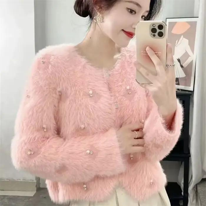 Cardigan en velours pour femme, style streetwear, coupe ample, col en V, avec volants, pour automne et hiver, nouveau modèle 2025, haute qualité