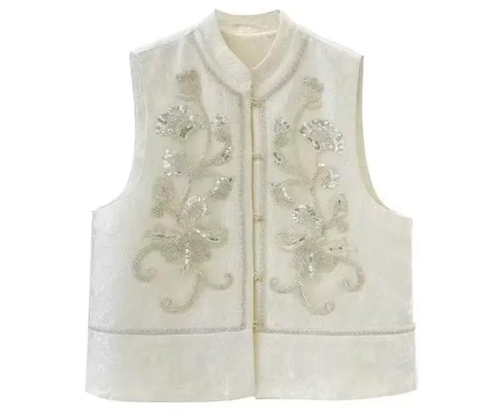 Gilet femme perlé paillettes chinoises ample simple boutonnage
