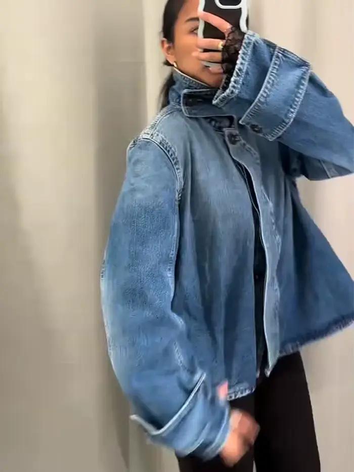 Femmes Denim tricot Patchwork veste revers épissures simple boutonnage à manches longues manteau dame poches