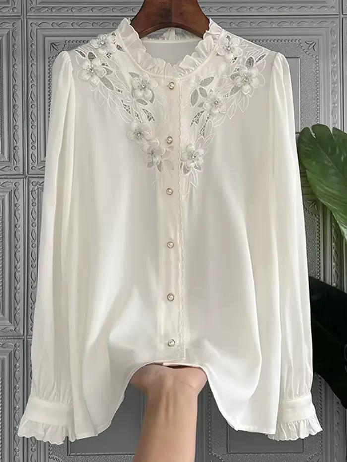 QOERLIN – chemisier de luxe en mousseline de soie pour femme, Chic, coréen, ajouré, élégant, col à volants, broderie florale