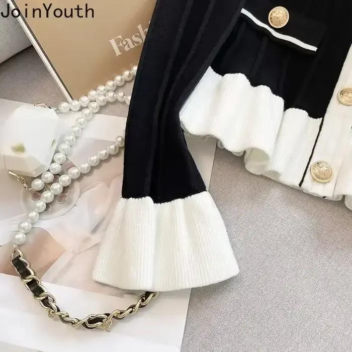 Doux Cardigan femmes vêtements col rond manches évasées tunique Sueter Mujer volants Vintage tricoté Pull manteau coréen