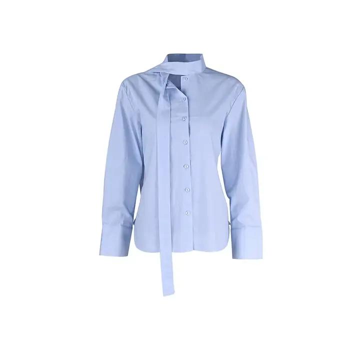 Linad élégant bleu coton écharpe col Blouse femme bureau rouge simple boutonnage chemises