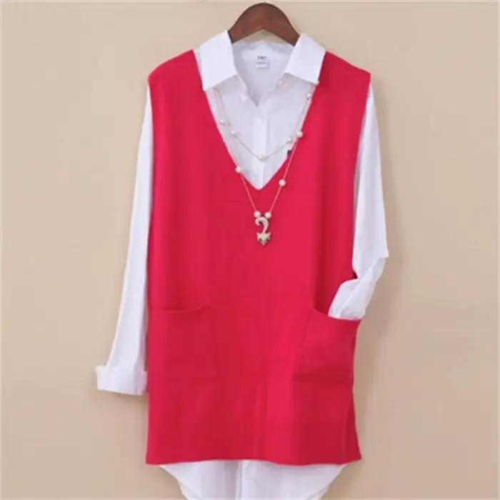 Gilet long tricoté pour femmes, col en V, poches pratiques, coupe ample, décontracté, polyester, printemps/automne, occasions spéciales