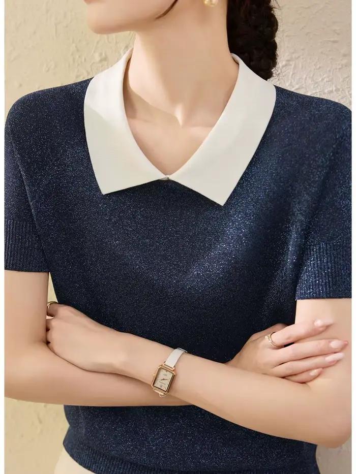 Pull en soie glacée à manches courtes pour femmes