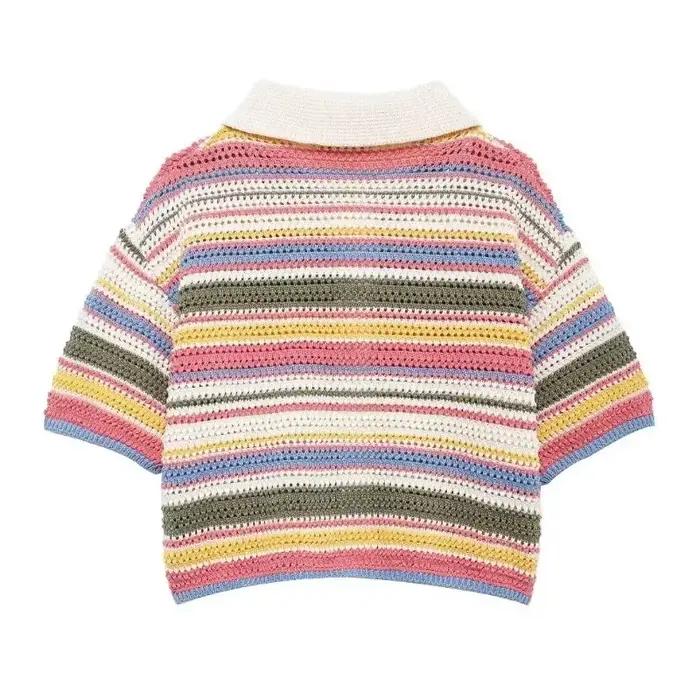 Pull court rayé en tricot au crochet pour femme