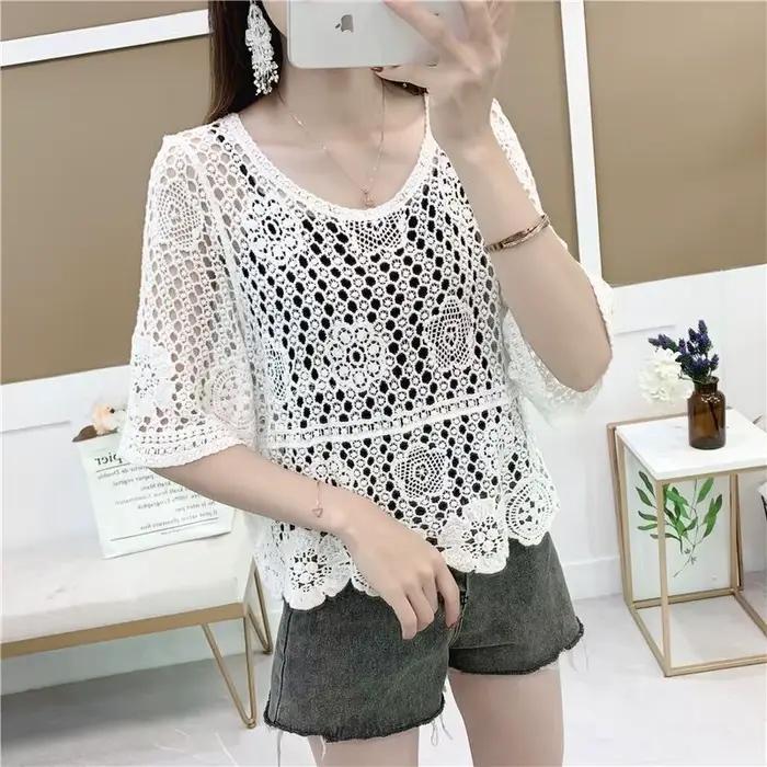Pull tricoté fin ajouré pour femme printemps automne manteau court couvrir le ventre haut à capuche polyester motif géométrique mince F...