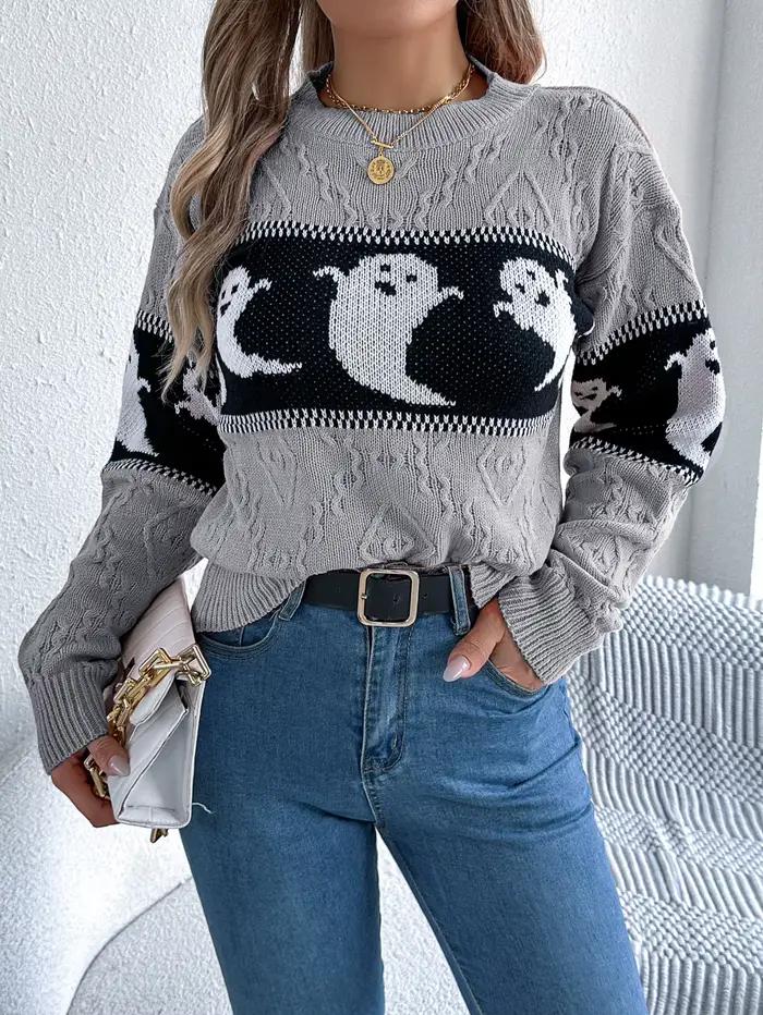 Pull tricoté décontracté à col rond et manches longues pour femme