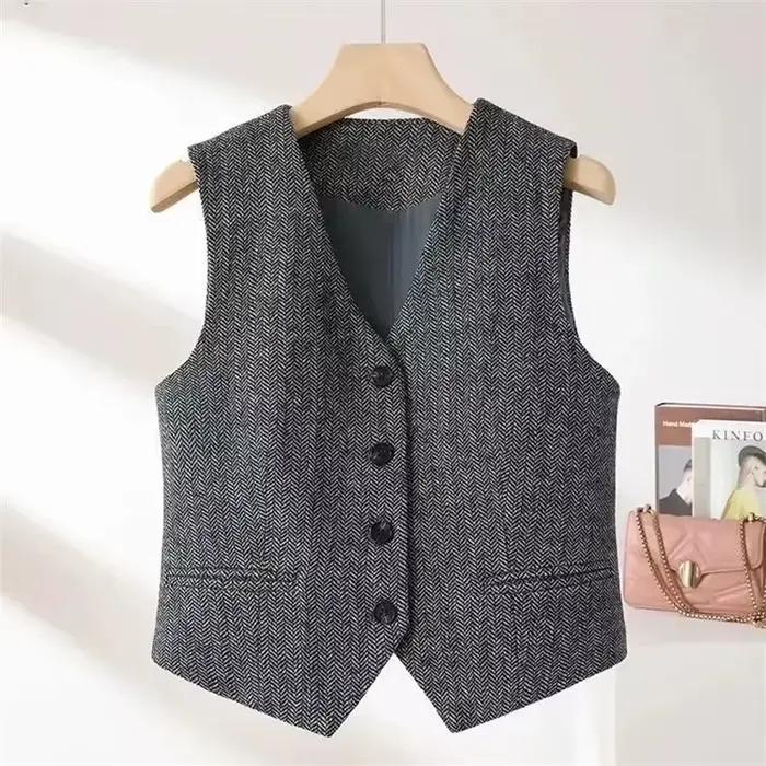 Nouveau gilet rétro style britannique 2026 à col en V et motif chevrons pour femme